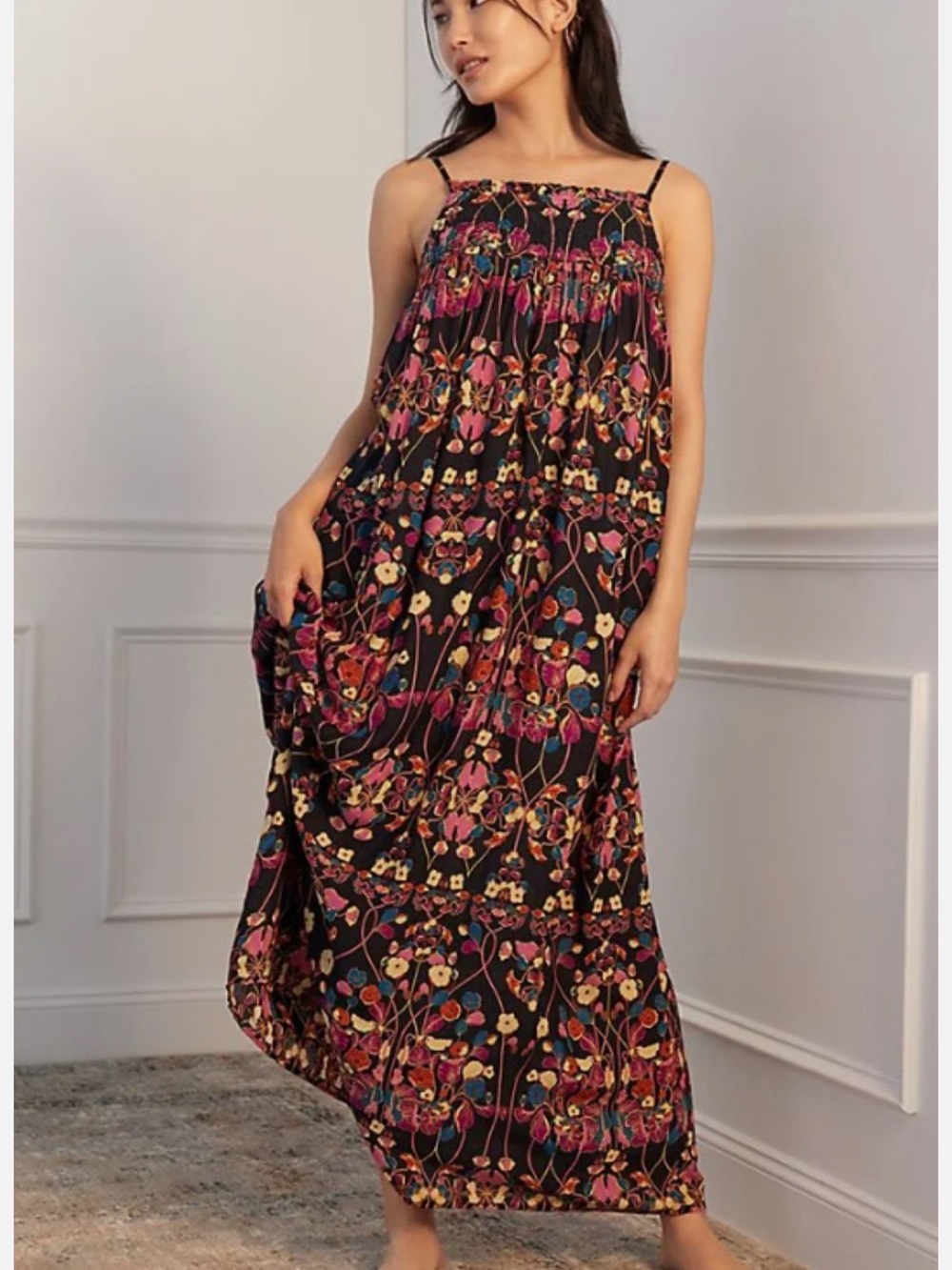 Anthropologie Quilted Black Floral Maxi Dress NWOT